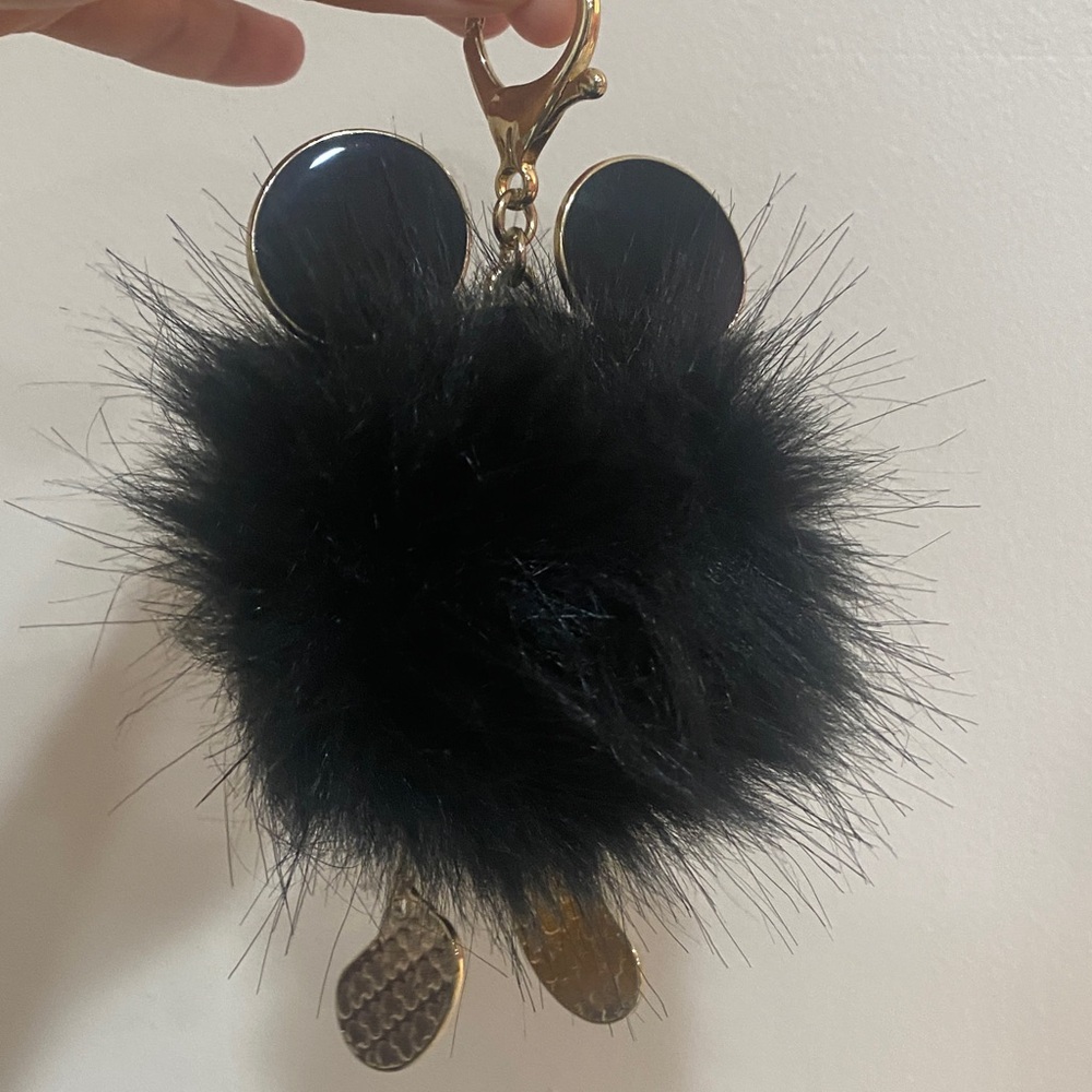 New Disney Mickey Mouse Black Furry Keychain with Gold Accents key chain